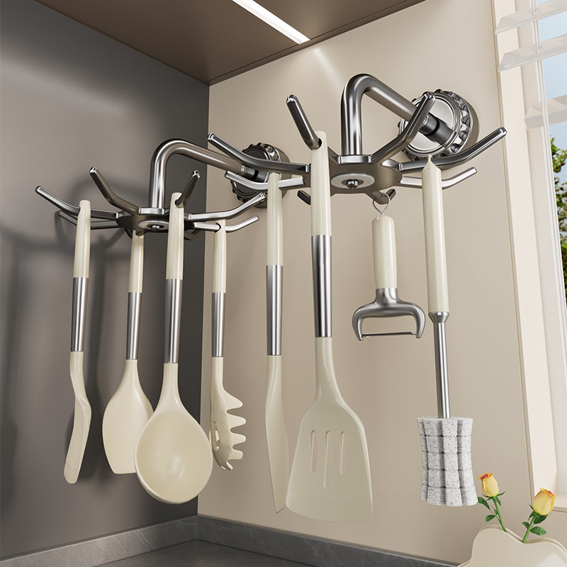 旋转吸盘挂钩壁挂式厨房置物架家用免打孔锅具勺子收纳架锅铲挂架