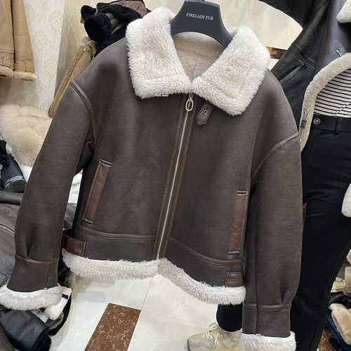2024秋冬新款美式复古小羊羔皮毛领机车棉服夹克女设计感外套