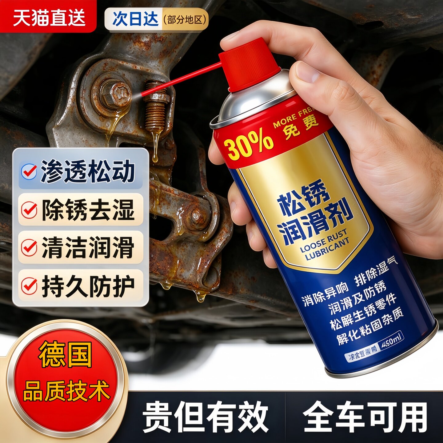 德国汽车除锈剂金属快速清洗润滑油去锈防门响轴锁窗合页螺丝松动