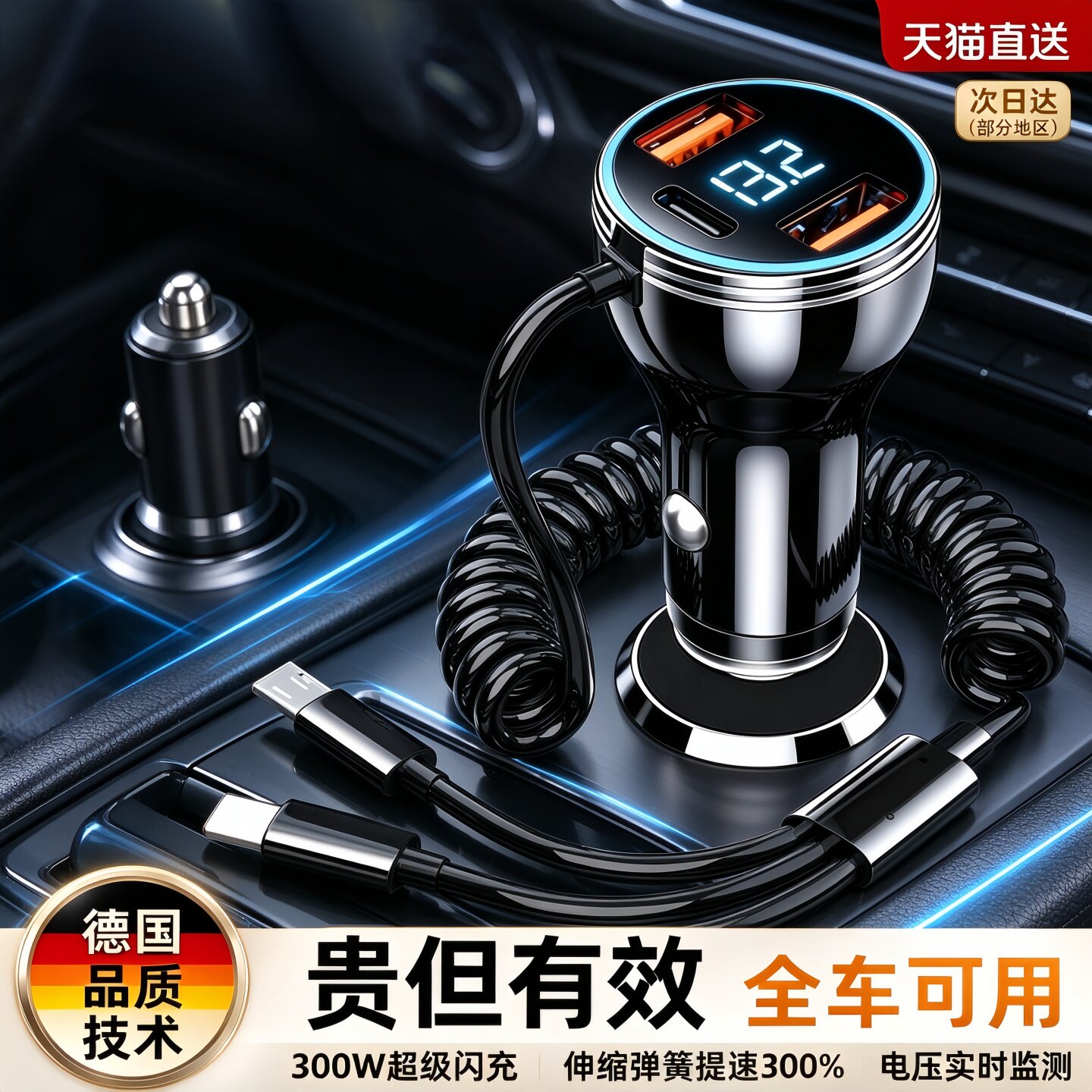 德国300W超级快充车载充电器点烟器口转换头一拖三自带弹簧线