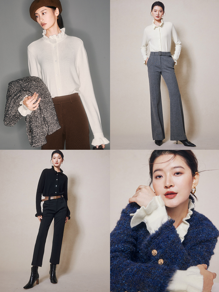 厂家大众百搭女柔美复古Ruff拉夫领荷叶袖公主气质羊绒羊毛针织衫