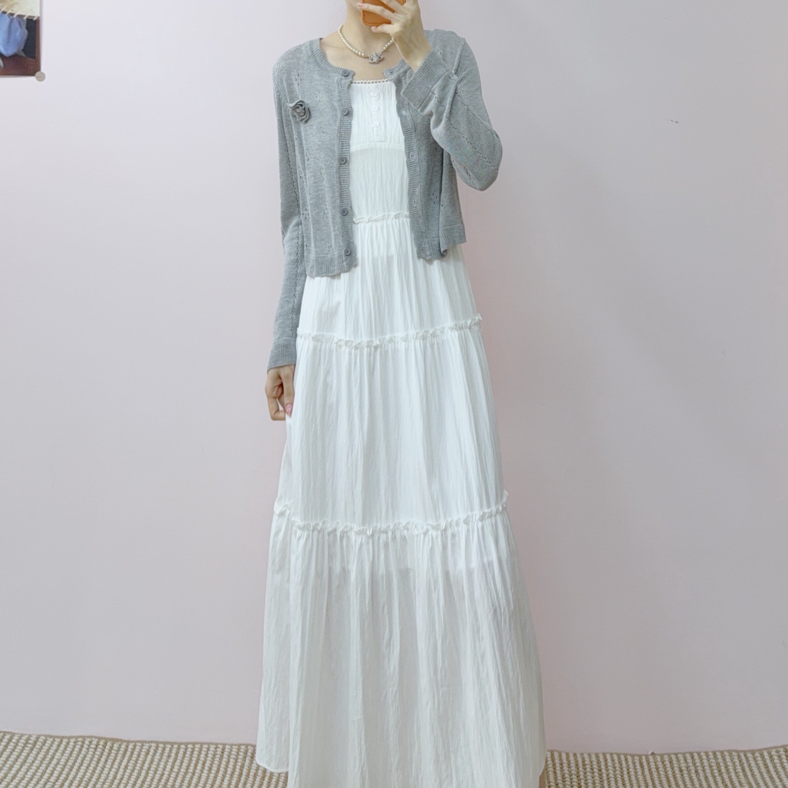 2026年春季新款时尚气质防晒开衫针织外披+吊带裙两件套裙181