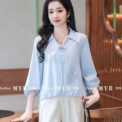 汉派品牌女装2026春夏季轻奢减龄刺绣翻领七分袖棉衬衫女套头019