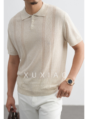 XUXIAO徐潇老钱天丝亚麻菱形格镂空网眼POLO衫透气男短袖T恤夏季