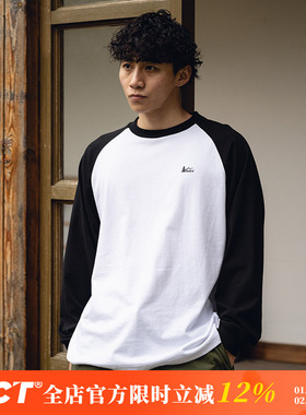 BDCT春秋日系复古撞色山系插肩袖t恤男 宽松休闲纯棉圆领长袖情侣