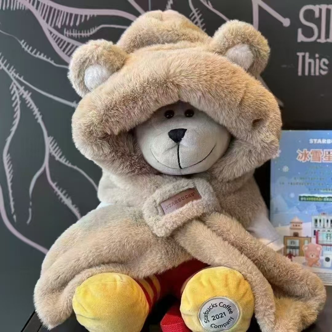 星巴克冰雪星奇遇可爱粉嫩小熊造型毛绒帽子围巾一体保暖护耳冬帽