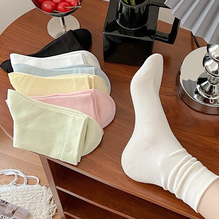 纯棉袜子女纯色无骨堆堆袜黑白色月子袜ins潮长筒袜宽口中筒袜