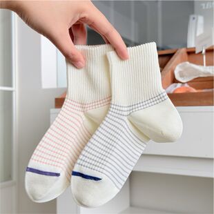 【麻田日记】直角条纹袜子女纯棉吸汗微压中筒袜无骨短袜女袜