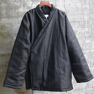 三世一木高端黑色龟裂香云纱棉花棉衣加厚棉袄外套复古交领唐装帅