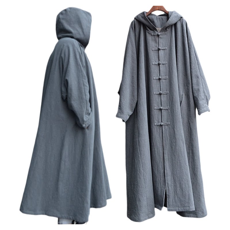 连帽亚麻长袍男女居士服禅意风衣外套打坐披风披肩僧服特宽静坐