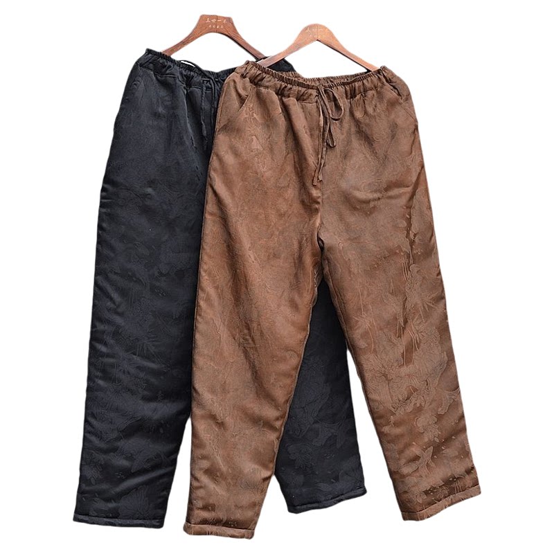 原创男冬季棉花棉裤松紧腰直筒长裤外穿时尚提花个性小众百搭显瘦