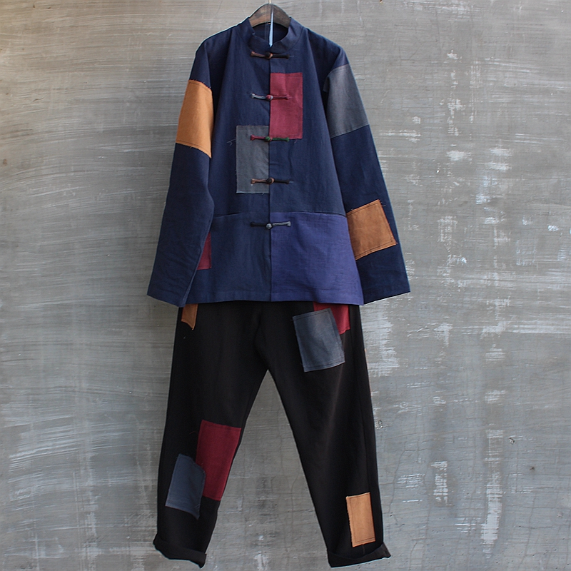 男春夏补丁百衲衣长袖衬衫外套上衣长裤两件套大码中国风网红个性