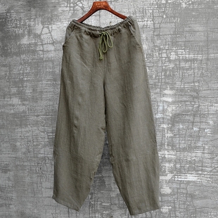 原创春秋亚麻松紧腰休闲九分裤哈伦裤舒适透气百搭复古文艺个性帅