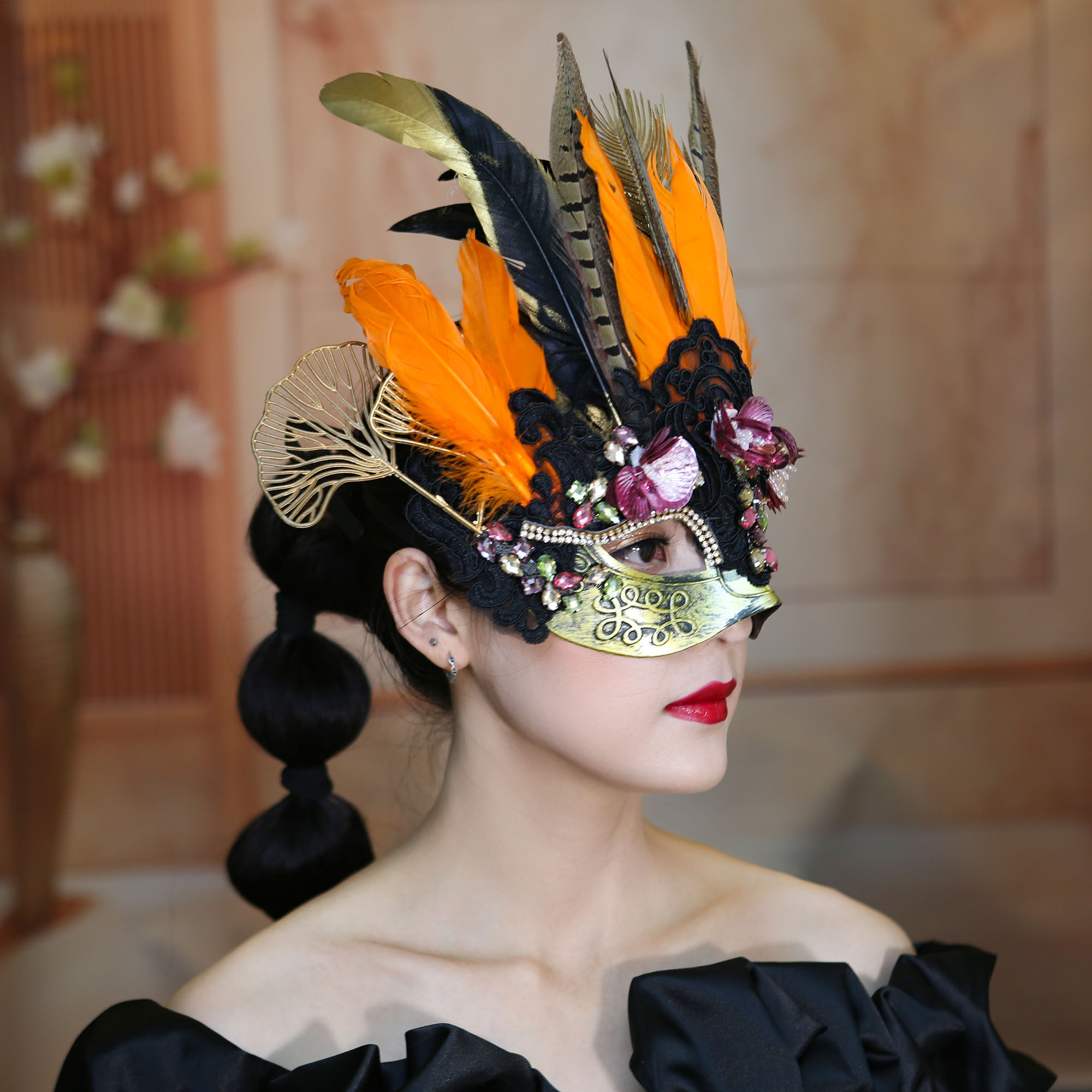 欧美夸张树枝面具重手工羽毛蝴蝶蒙面歌王万圣节狂欢假面舞会派对