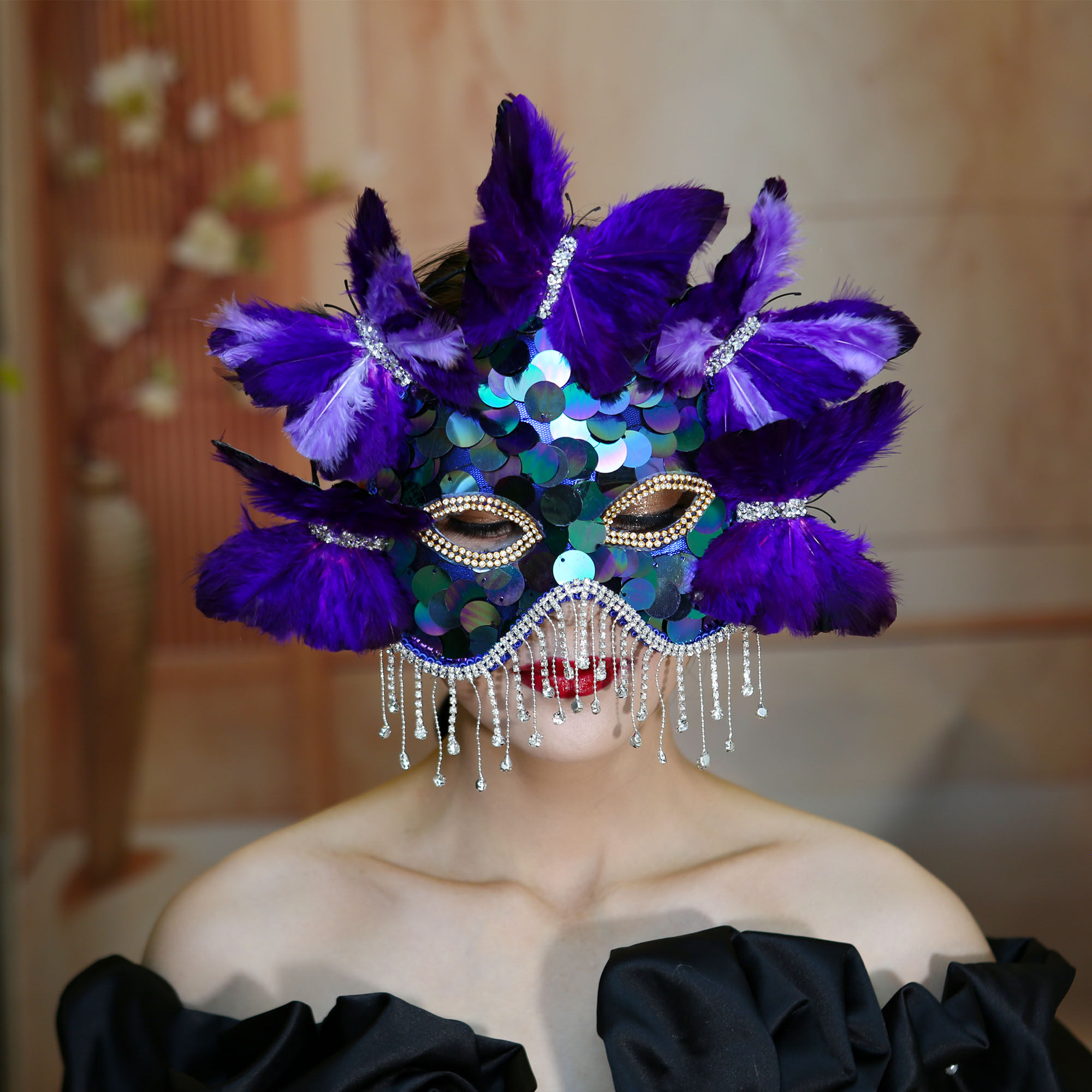 欧美夸张树枝面具重手工羽毛蝴蝶蒙面歌王万圣节狂欢假面舞会派对