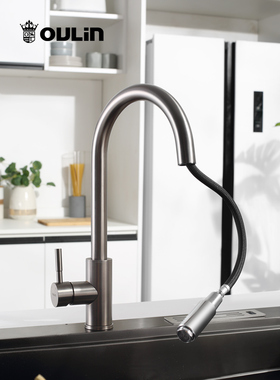 欧琳黑色不锈钢厨房水龙头冷热 纳米易清洁水槽功能龙头 家用抽拉