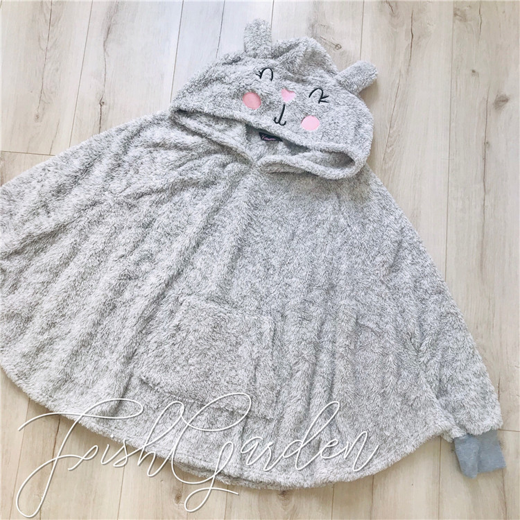 FISHGARDEN 有袖子的保暖斗篷式披肩 珊瑚绒兔子带帽家居服上衣