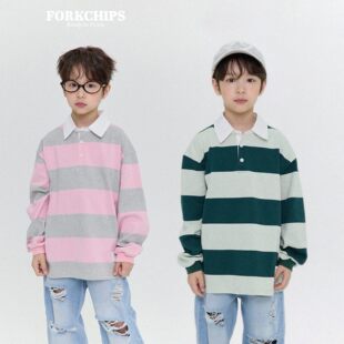 FORK宽条纹翻领卫衣！熊娃奶爸韩国童装26春款男女童polo衫