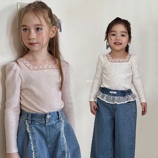POISSON花边方领舒适长袖T恤！韩国童装代购2026春款女童长袖上衣