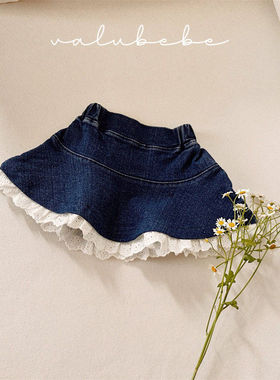 valu花边牛仔短裙！筱筱QZ~韩国童装代购26春款婴幼儿洋气A字裙