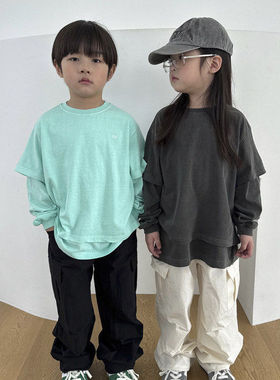 OUR纯色假两件长袖T恤！韩国童装代购2026春男女童中大童长袖上衣