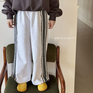 POISSON条纹拼色运动裤！韩国童装代购2026春款女童松紧休闲裤
