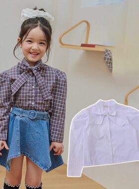 DORE格子系带领结衬衫！QZ~韩国童装代购26春款中大童上衣
