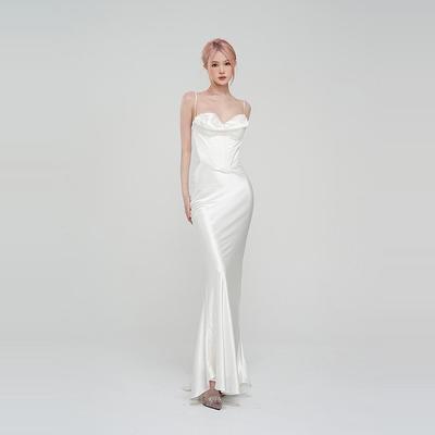 Sasa Studio 珍珠白名媛气质鱼骨鱼尾吊带长款礼服连衣裙女设计感
