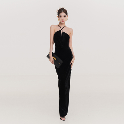 Sasa Studio 名媛风黑丝绒露背开叉长裙礼服女挂脖无袖连衣裙新款