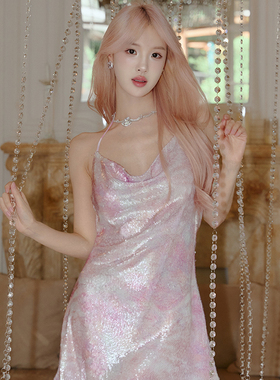 SasaStudio纯欲甜美紫色亮片挂脖露背荡领连衣裙