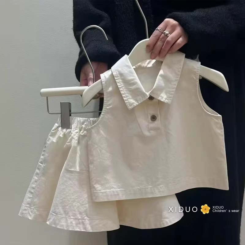 女童学院风套装2025夏季女宝洋气休息翻领无袖上衣半裙两件套百搭
