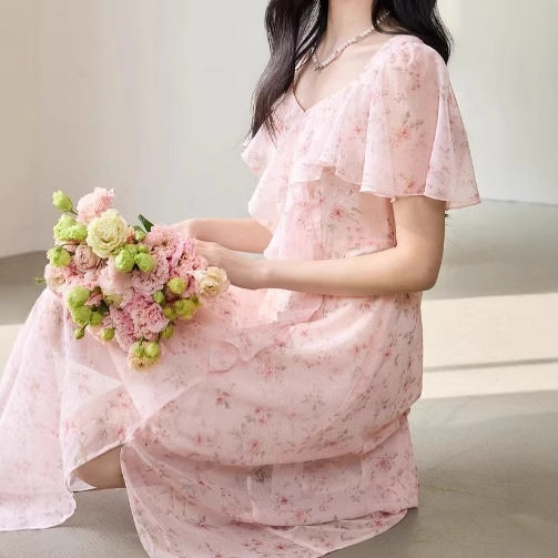 雪纺碎花连衣裙女印花连身裙2025夏季新款中长裙子
