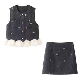 2026春季新款日常通勤套装女灰色马甲半身短裙一整套新年穿搭