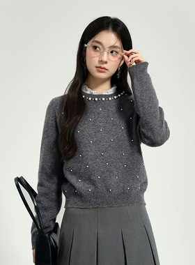 2025秋冬新款时尚百搭千金名媛珍珠针织衫上衣女3FC130031