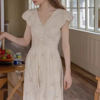 Dailyart 棉质 双股线盘带重工刺绣工艺 法式v领连衣裙女夏季新款