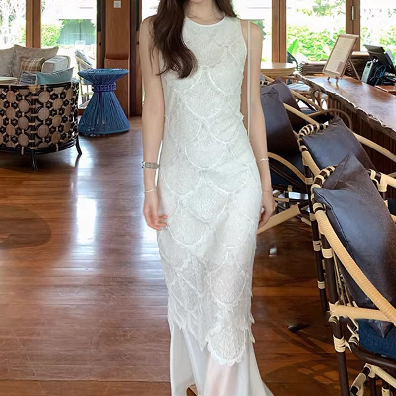现货 人鱼梦露 温婉典雅花边珠片蕾丝拼接鱼尾无袖背心连衣裙