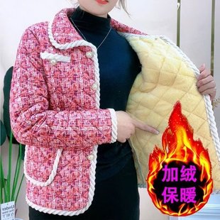 小香风加绒保暖棉衣女中老年妈妈装 翻领格纹百搭洋气外套