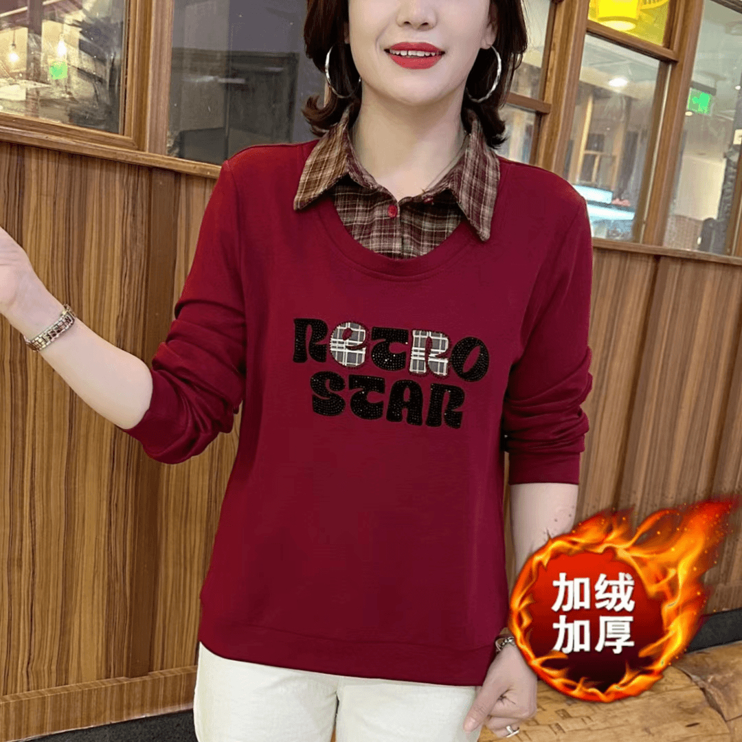 中年妈妈假两件卫衣加绒加厚