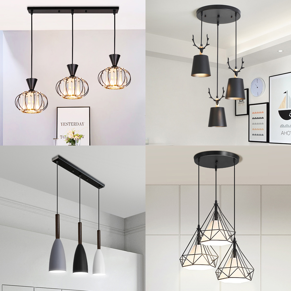 三头餐厅吊灯简约创意饭厅吧台灯饰北欧铁艺楼梯led家用直条圆盘