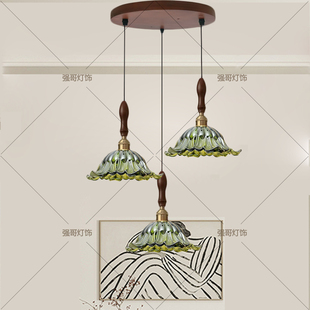 玻璃实木三头餐厅岛台吊灯创意咖啡厅吧台灯法式中古长线led吊灯