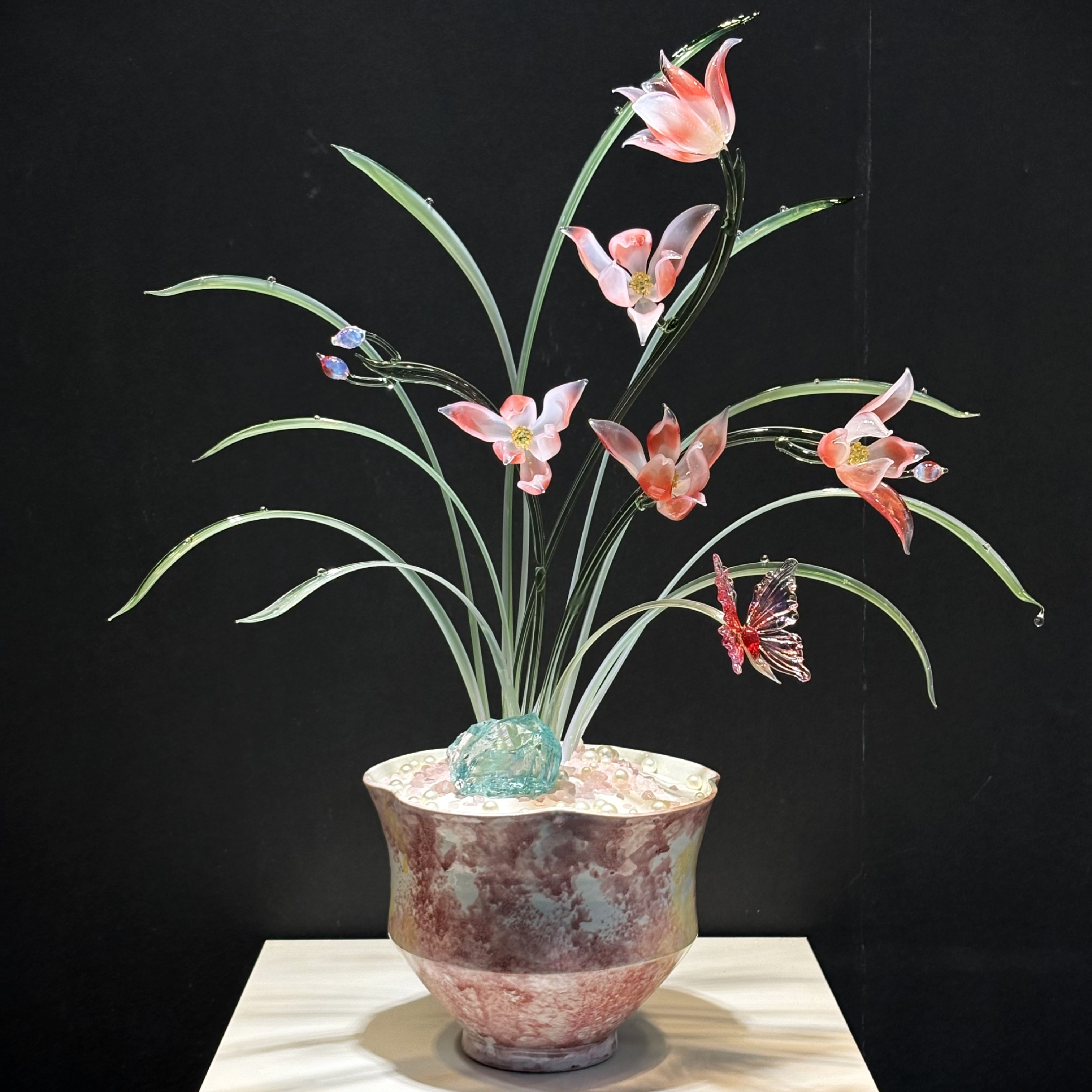 一物一图空谷藏香兰花红色琉璃摆件书房桌面非遗灯工琉璃家居摆件