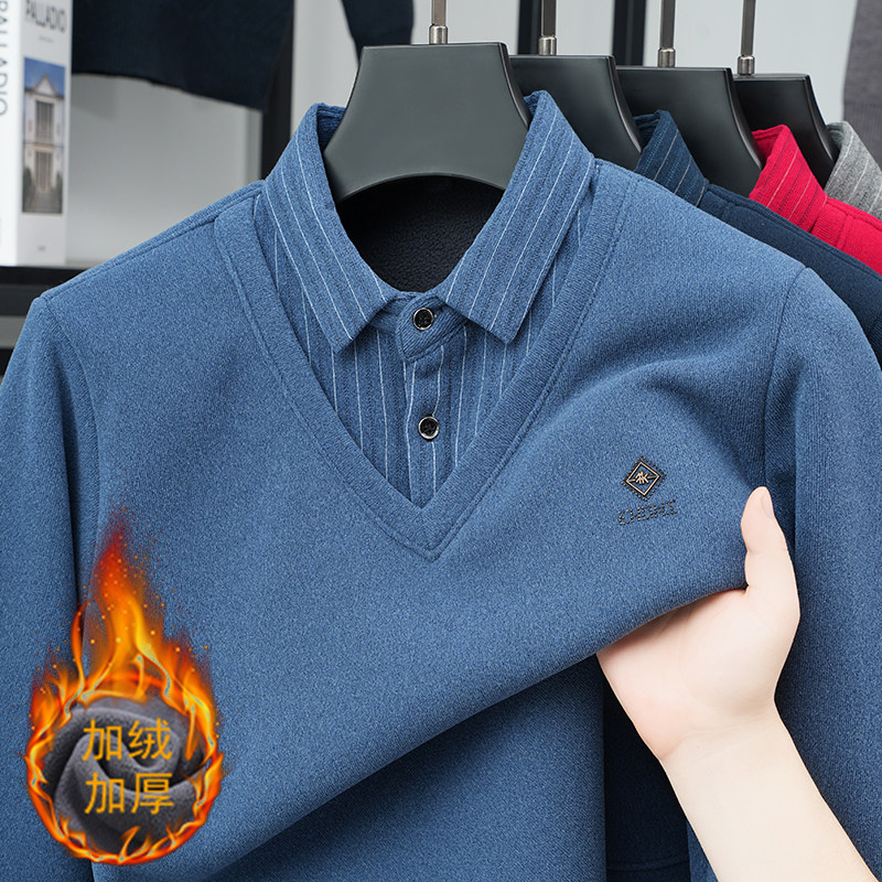 男士翻领假两件加绒加厚保暖针织衫冬季新款