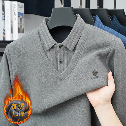 男士翻领假两件加绒加厚针织衫