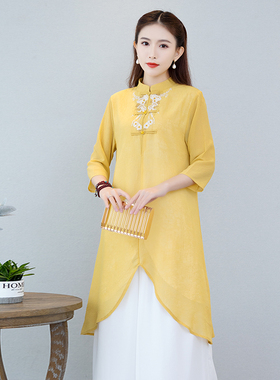 春秋中式禅意女改良汉服旗袍雪纺盘扣刺绣连衣裙中国风两件套茶服