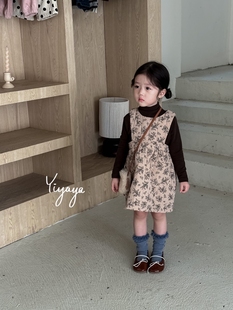 yiyaya童装冬天季款小童女宝夹棉加厚碎花国风背带修腰连衣中裙
