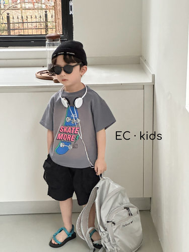 尔菲梵EC潮牌夏天季款男宝宝小童装纯棉短袖圆领卡通滑板图案t恤