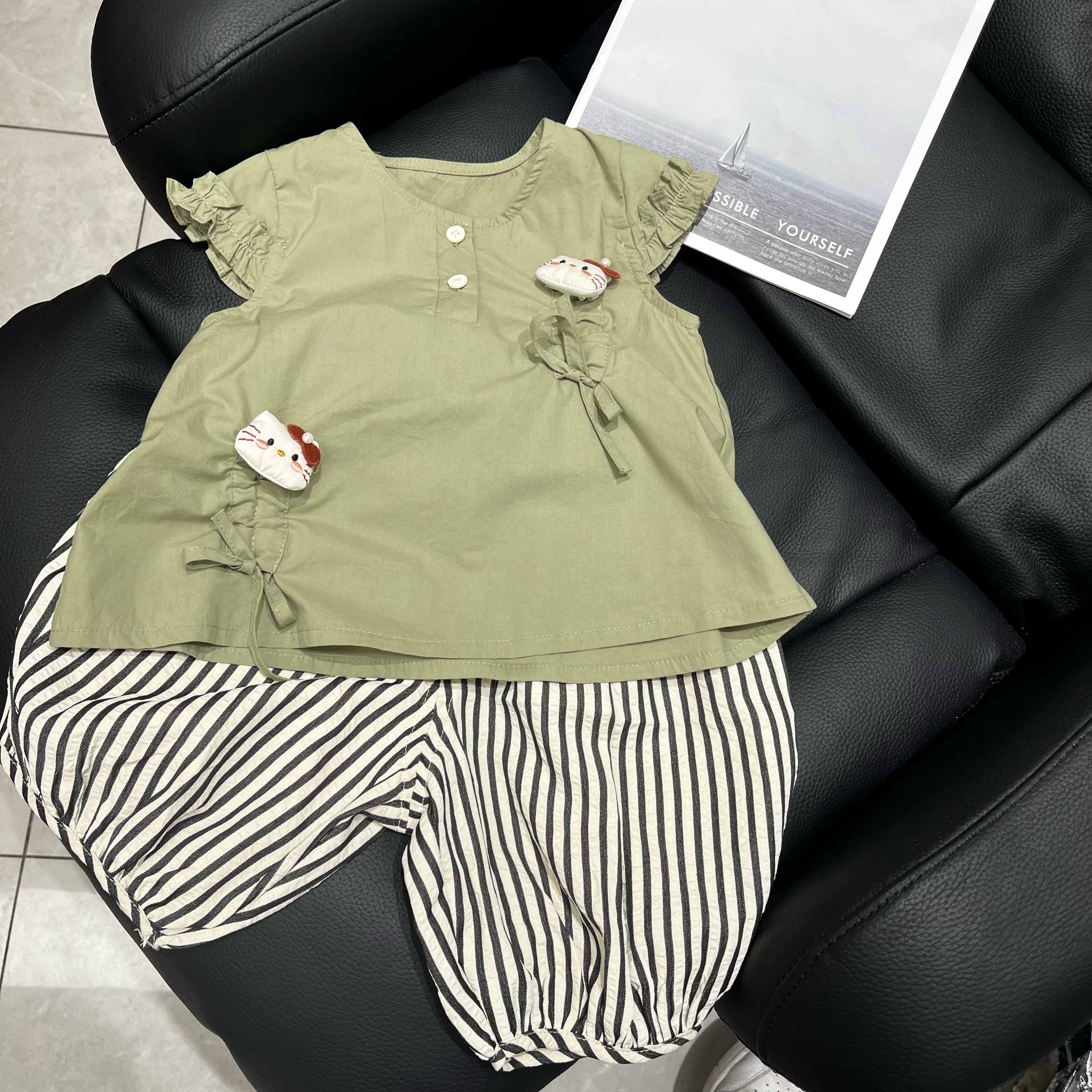 实体店品质小女孩宝宝儿童装夏季韩版条纹灯笼裤可爱猫咪短袖套装