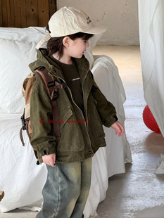 尔菲梵EC潮牌男冬天季款加厚加绒小童装连帽口袋洗水梭织工装外套