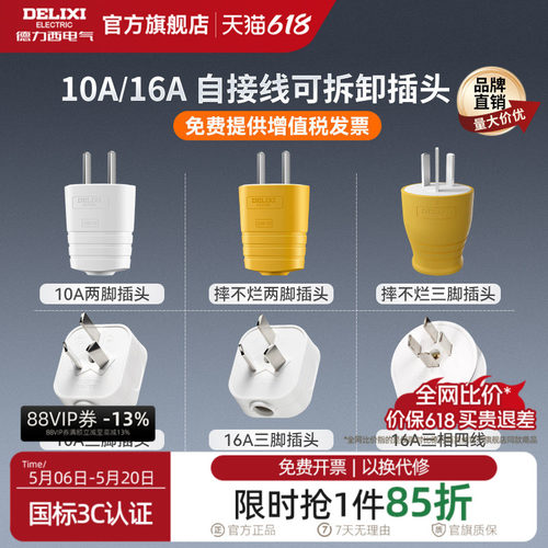 德力西10A16A二三脚电源线插头
