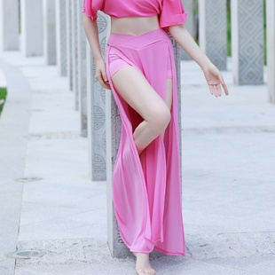 纪小白原创肚皮舞练功服双开叉亮片网纱裙自带打底裤 透气吸汗飘逸